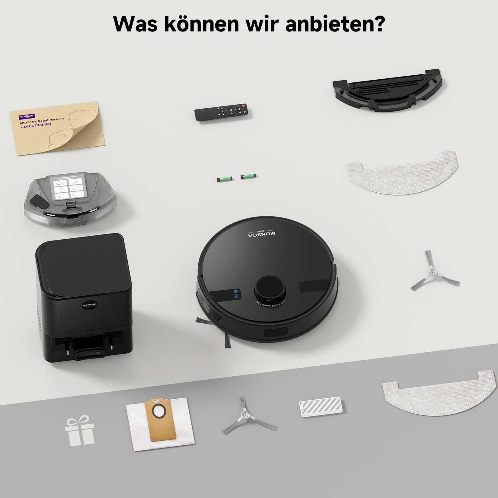 MONSGA Saugroboter mit Wischfunktion, 3,5L Absaugstation, 5000Pa, 180 Min Laufzeit, LiDAR, Teppich & Tierhaare, App-Steuerung