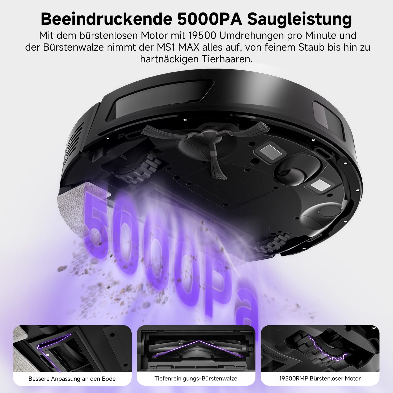 MONSGA Saugroboter mit Wischfunktion, 3,5L Absaugstation, 5000Pa, 180 Min Laufzeit, LiDAR, Teppich & Tierhaare, App-Steuerung