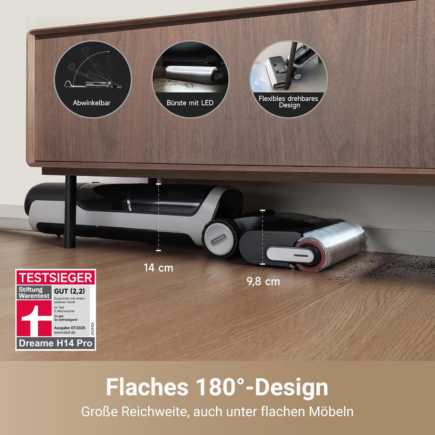 dreame H14 Pro Nass-Trockensauger, 180° Lie-Flat, 18 kPa, 60°C Bürstenpflege, 5 Min Trocknung, Doppelkante, App-Steuerung