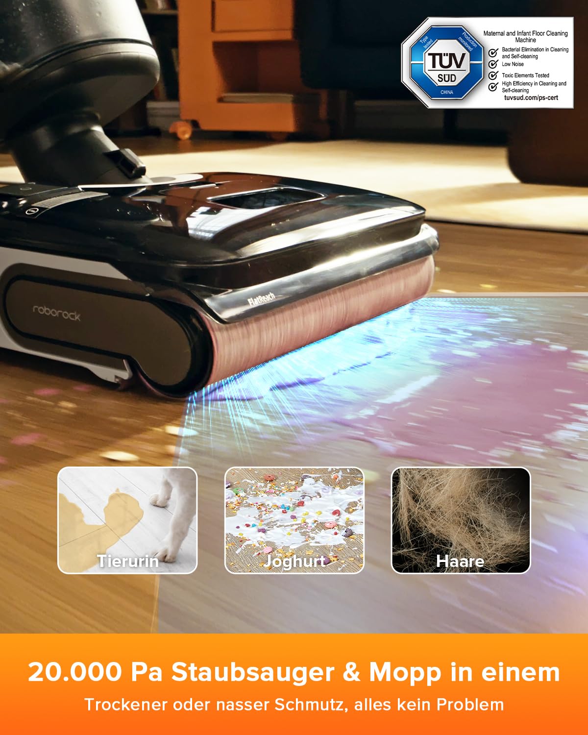 roborock F25 LT Nass-Trockensauger, 180° flach, 20.000Pa, 90°C Heißwasser-Selbstreinigung, Heißlufttrocknung, kabellos