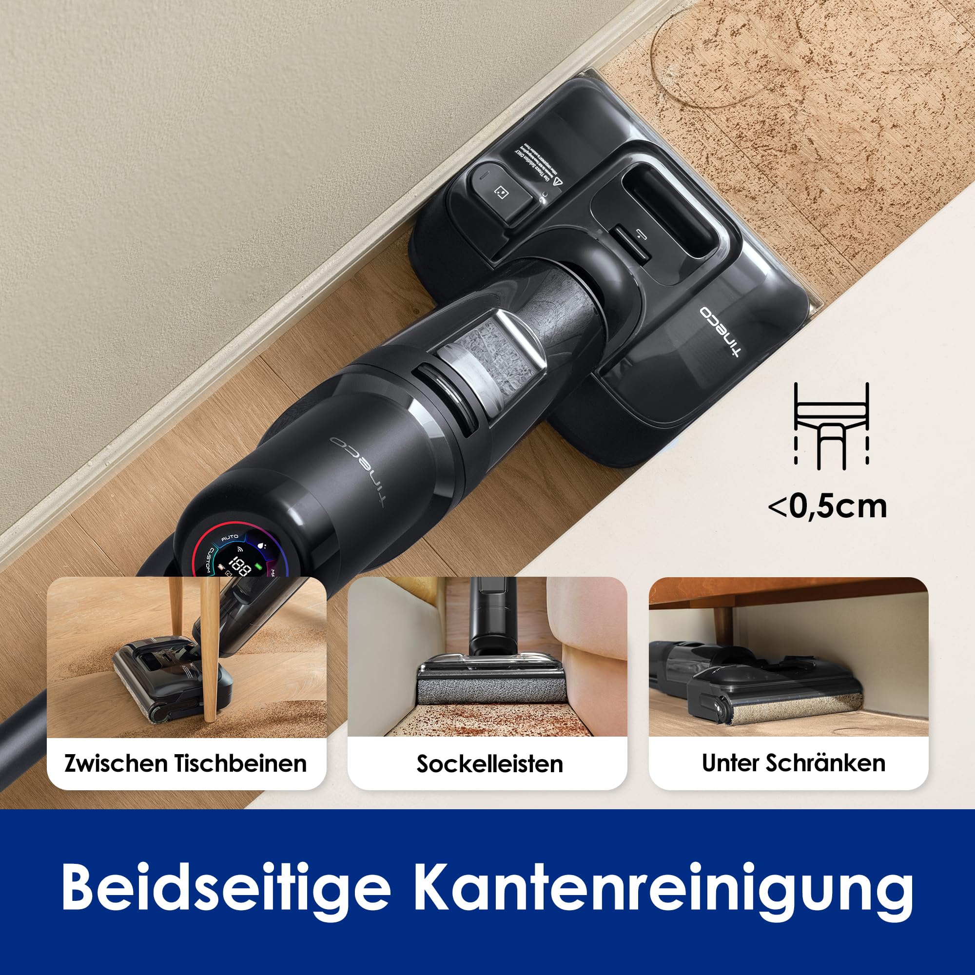 Tineco Floor One S7 Stretch Nass-Trockensauger, 180° flach, 85°C Selbstreinigung, 50 Min Laufzeit, Anti-Tangle, Kanten- & Möbelreinigung
