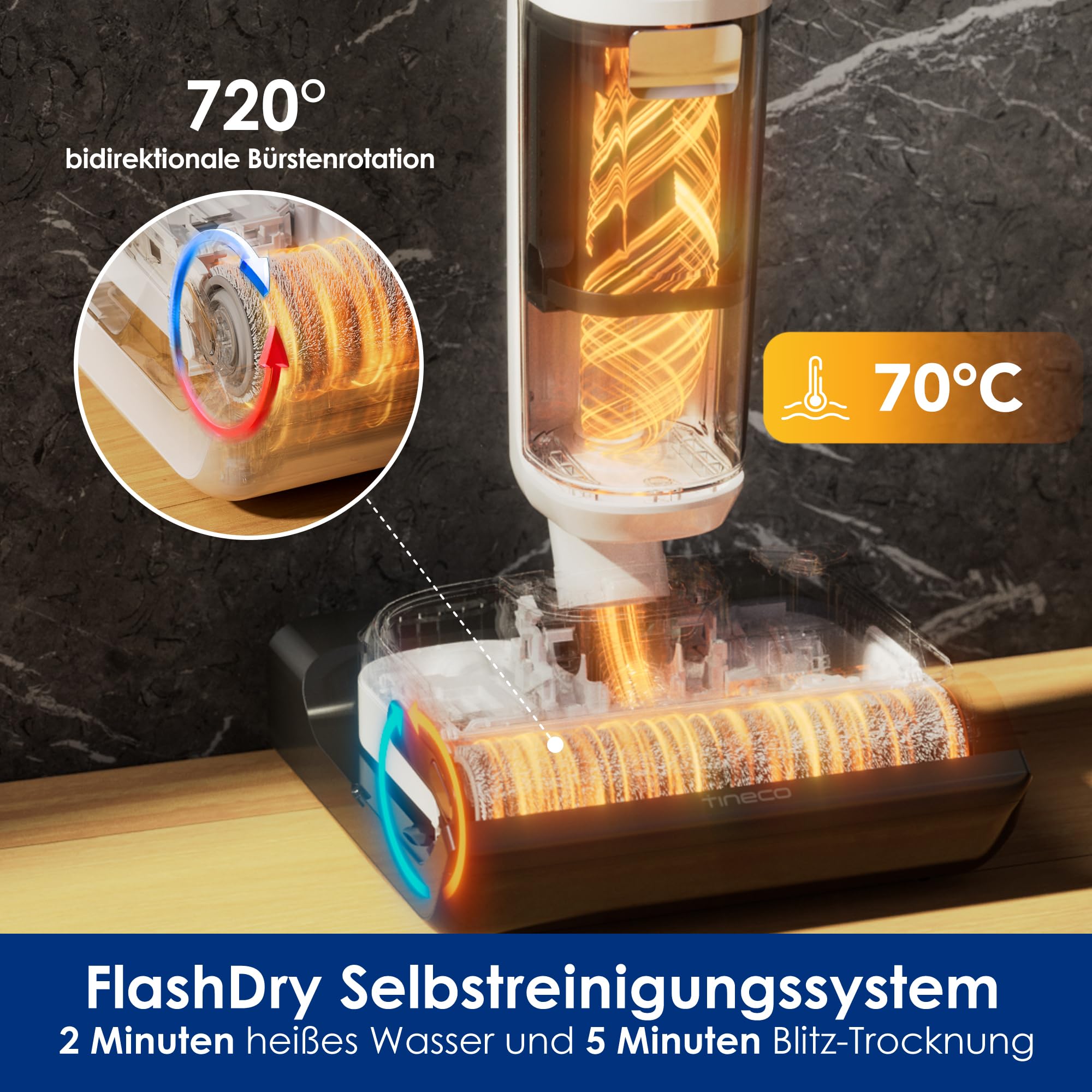 Tineco Floor One Stretch S6 Nass-Trockensauger, 180° flach, 70°C FlashDry Selbstreinigung, 3-Seiten-Kantenreinigung, 40 Min Laufzeit