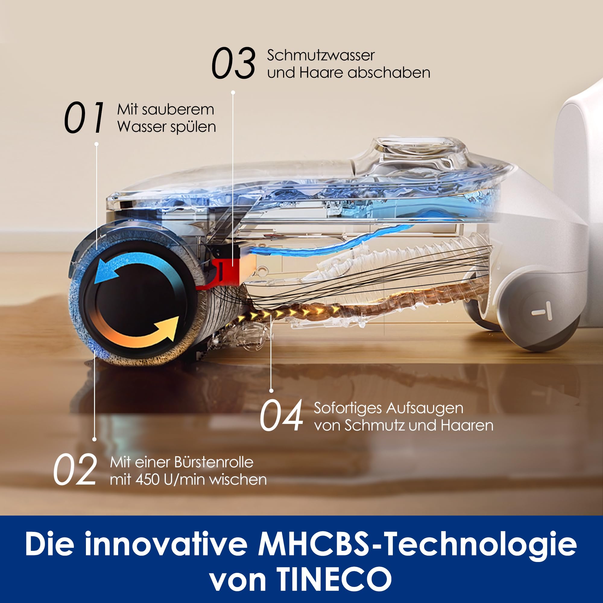 Tineco Floor One Stretch S6 Nass-Trockensauger, 180° flach, 70°C FlashDry Selbstreinigung, 3-Seiten-Kantenreinigung, 40 Min Laufzeit