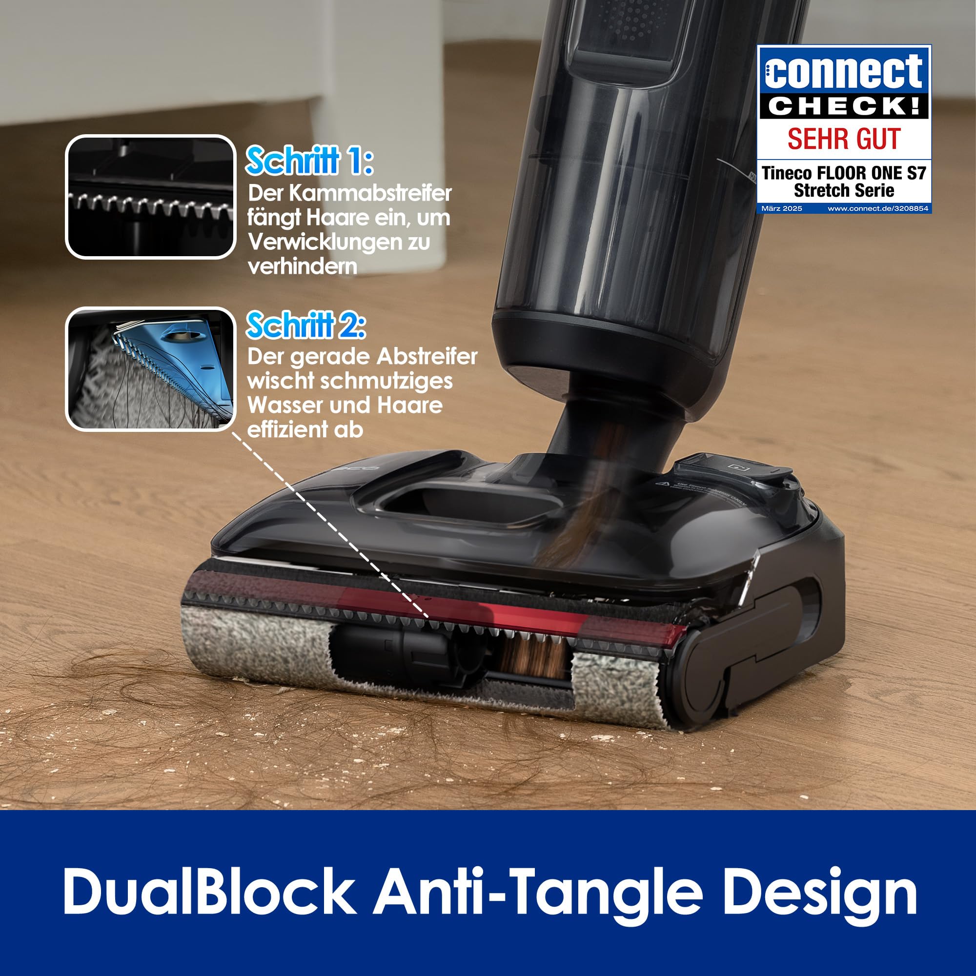 Tineco Floor One S7 Stretch Nass-Trockensauger, 180° flach, 85°C Selbstreinigung, 50 Min Laufzeit, Anti-Tangle, Kanten- & Möbelreinigung