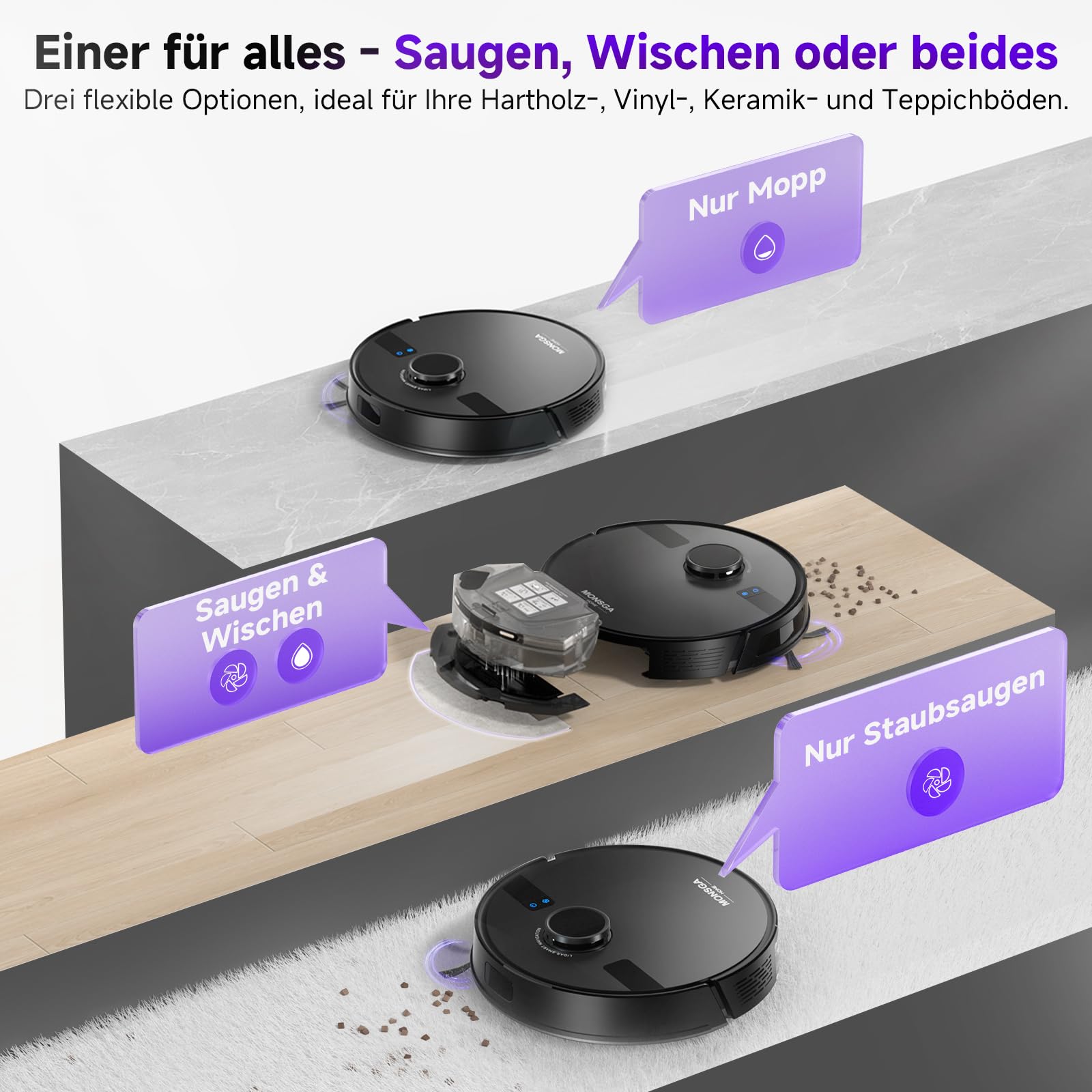 MONSGA Saugroboter mit Wischfunktion, 3,5L Absaugstation, 5000Pa, 180 Min Laufzeit, LiDAR, Teppich & Tierhaare, App-Steuerung