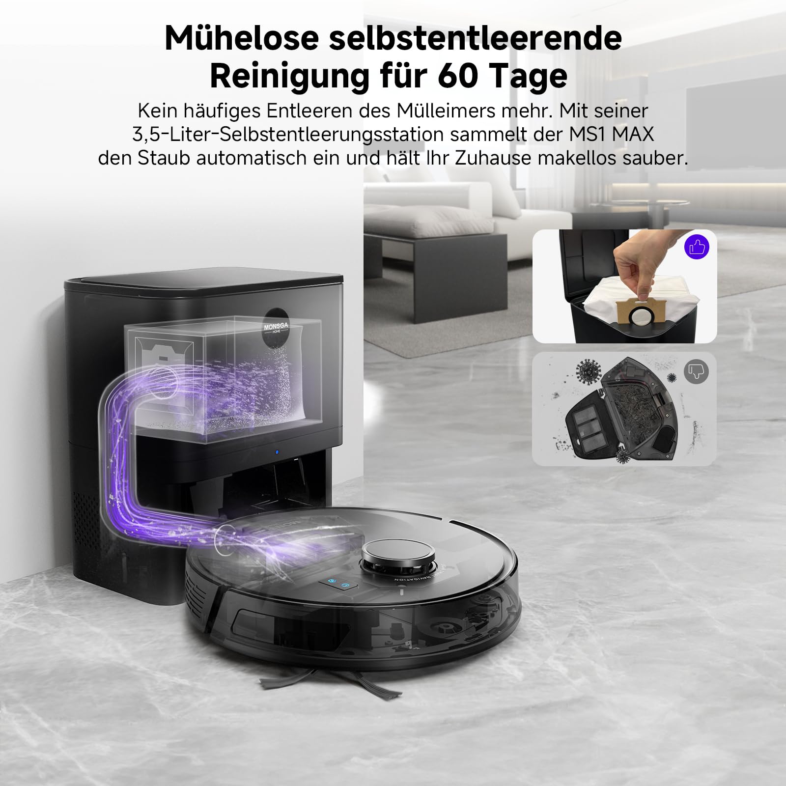 MONSGA Saugroboter mit Wischfunktion, 3,5L Absaugstation, 5000Pa, 180 Min Laufzeit, LiDAR, Teppich & Tierhaare, App-Steuerung