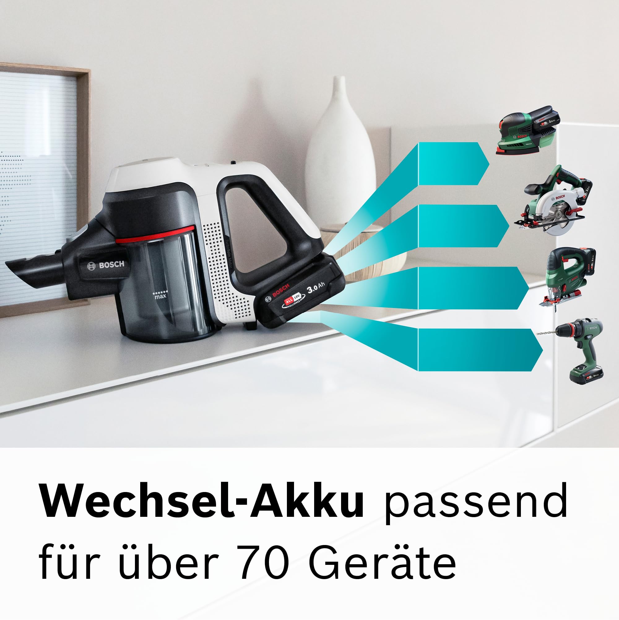 Bosch Unlimited 7 BSS711W Akku-Staubsauger, kabellos, beutellos, Wechselakku, LED, XXL-Polsterdüse, Hygiene-Filter, Turbostufe, weiß