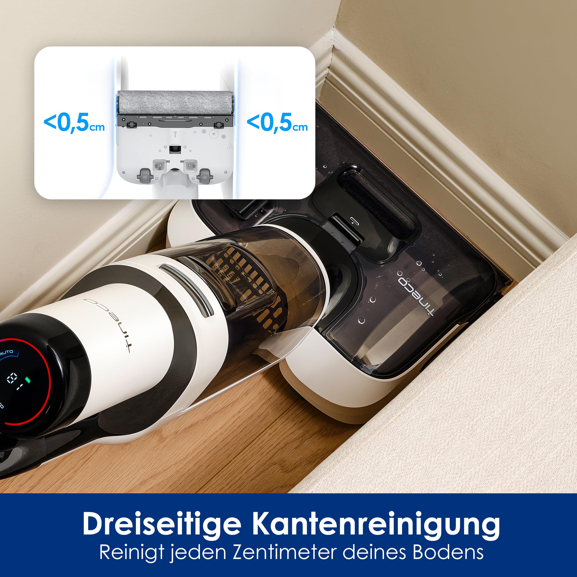 Tineco Floor One Stretch S6 Nass-Trockensauger, 180° flach, 70°C FlashDry Selbstreinigung, 3-Seiten-Kantenreinigung, 40 Min Laufzeit