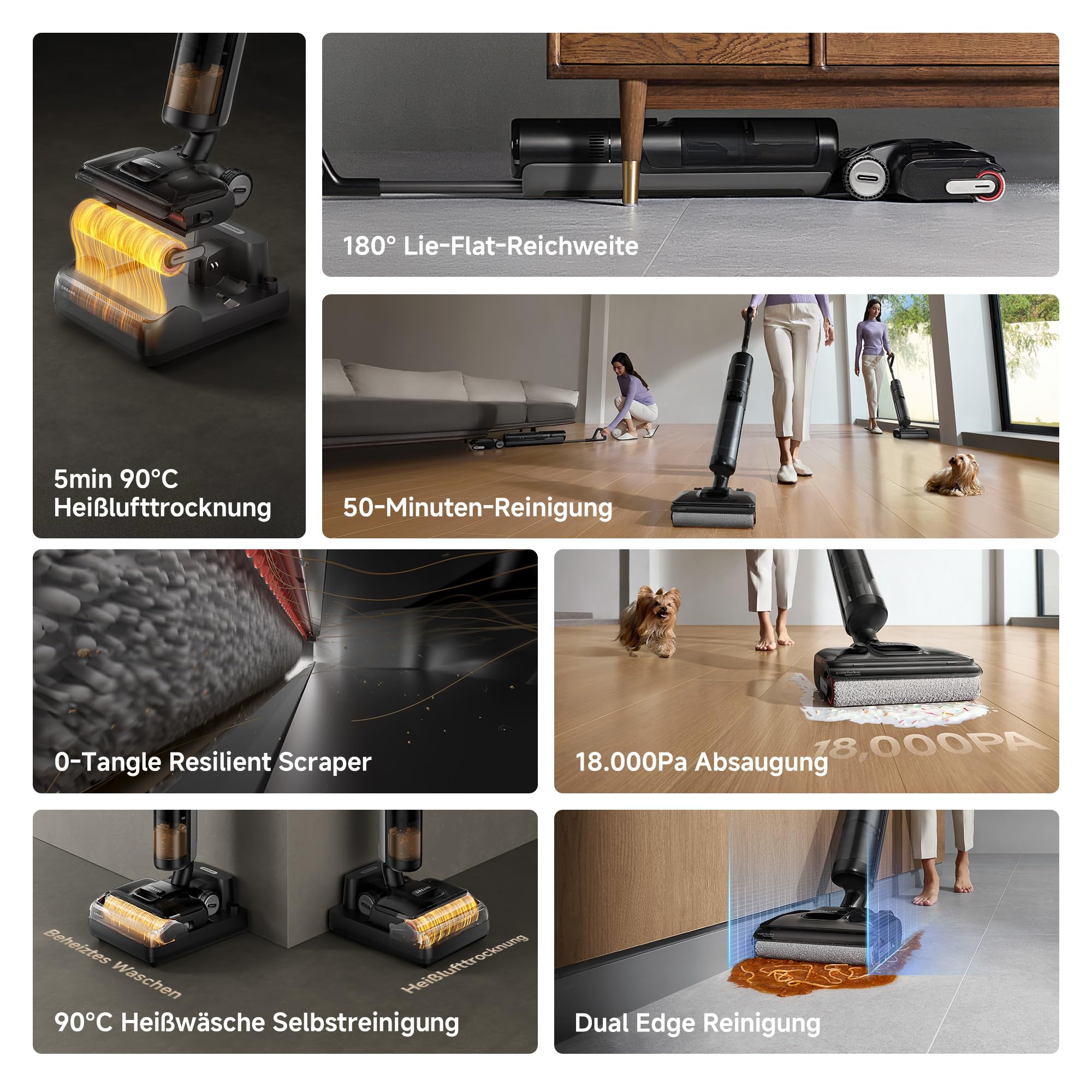 dreame H12 Pro FlexReach Nass-Trockensauger, 180° flach, 18 kPa, 90°C Heißwäsche, 5 Min Trocknung, 50 Min Laufzeit, Doppel-Kantenreinigung