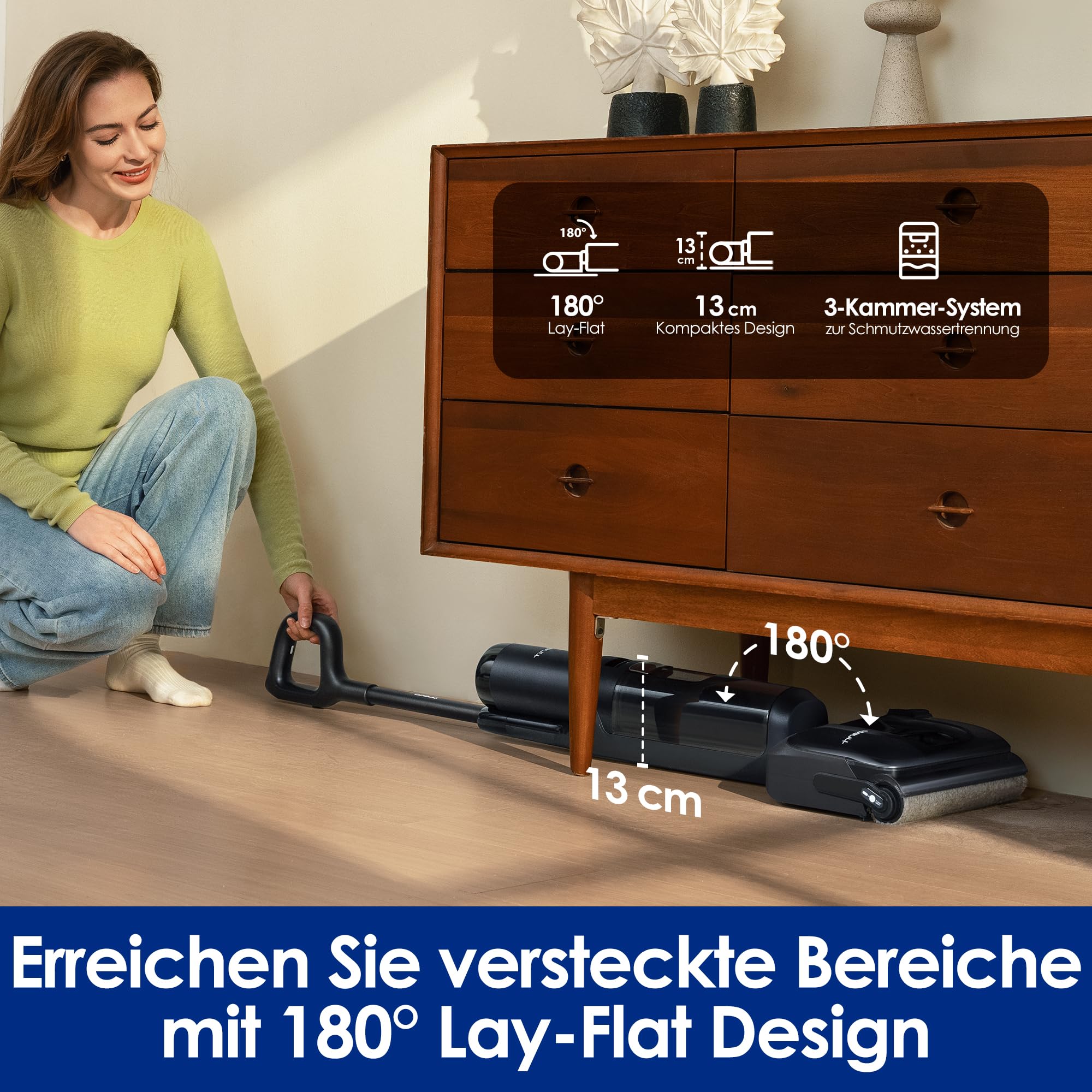 Tineco Floor One S7 Stretch Nass-Trockensauger, 180° flach, 85°C Selbstreinigung, 50 Min Laufzeit, Anti-Tangle, Kanten- & Möbelreinigung